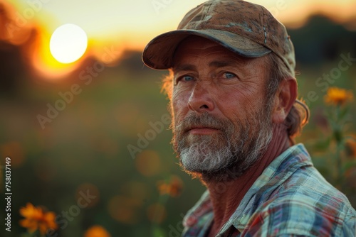 A contemplative middle-aged man with a rugged look in a field during a beautiful sunset, symbolizing reflection and the end of a day