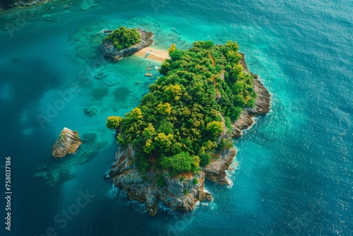 Stunning drone shot capturing the emerald waters and dense, vibrant greenery of a secluded island surrounded by a turquoise sea © Larisa AI