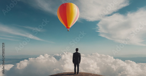 Surreal image of businessman with big balloonsymbolizing travel, freedom, and innovative ideas.