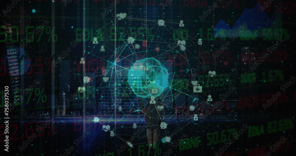 Globe of medical icons spinning over businesswoman against data processing on black background