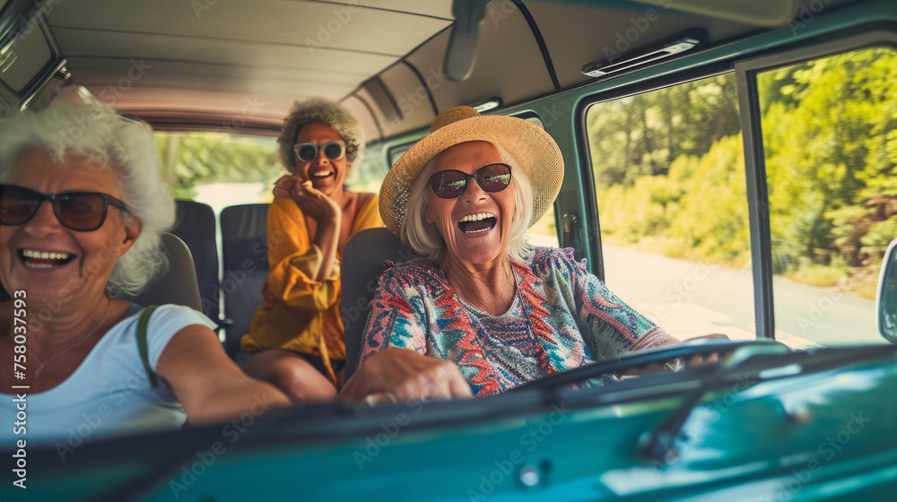 Senior women traveling inside mini van camper during road trip vacation - Elderly female friends doing adventure holiday with caravan - Travel concept - Models by AI generative - obrazy, fototapety, plakaty 