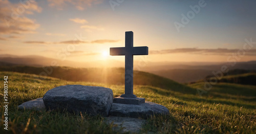 Sunlit cross stands against a heavenly sunrise sky
