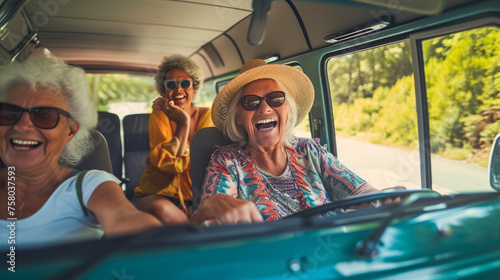 Senior women traveling inside mini van camper during road trip vacation - Elderly female friends doing adventure holiday with caravan - Travel concept - Models by AI generative