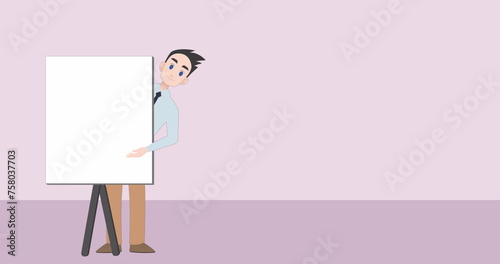 Image of caucasian businessman making presentation on purple background