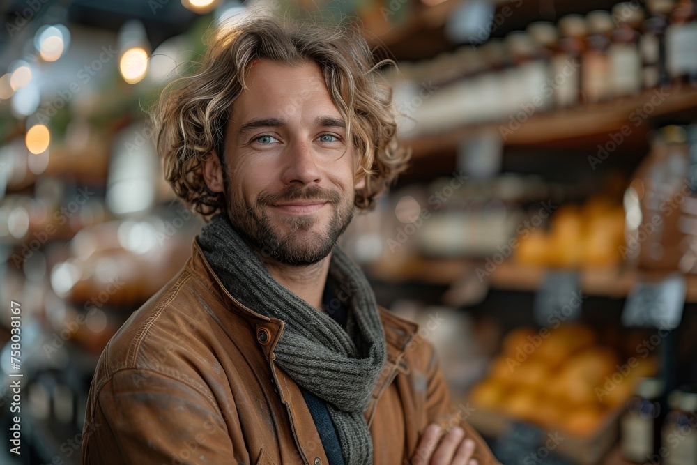 A cheerful young man with curly hair smiling confidently in a cafe with a bokeh background