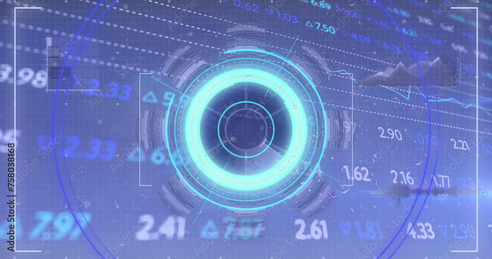 Fototapeta premium Image of numbers, processing circle with glitch and financial data on digital screen