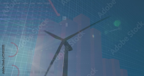 Image of graphs, charts with data processing on digital interface against wind turbine