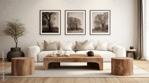 Boho ethnic living room  rustic coffee table, white sofa, brown pillows, poster frames