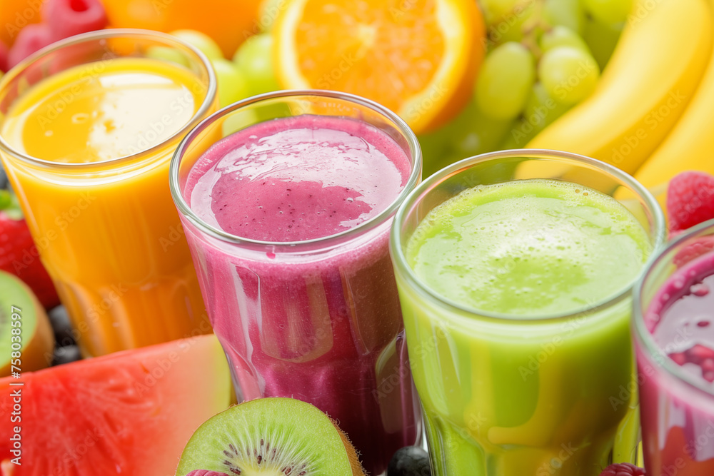 Vibrant assortment of fresh fruit smoothies in clear glasses Vibrant assortment of fresh fruit smoothies in clear glasses