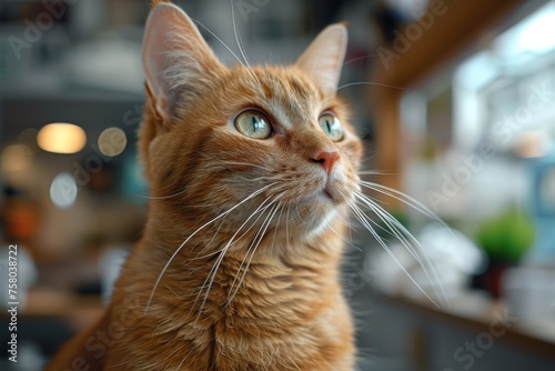 Captivating close-up of a ginger cat gazing upwards, showcasing its vibrant green eyes and detailed fur texture