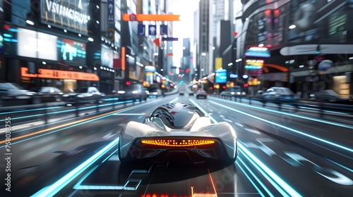 Futuristic Electric Vehicle in High-Speed Drive Through a Lively Urban Cityscape