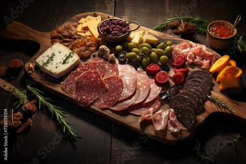A Charcuterie Board includes a variety of meats, cheeses, fruits and crackers. Generative AI.