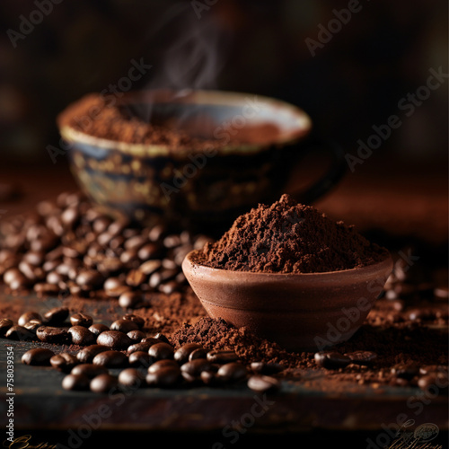 aesthetic photo of coffee beans and ground dark brown loose powder in the foreground  with steaming hot latte in background. 