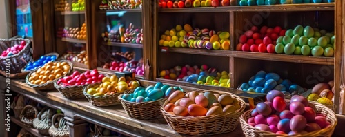 Spring into Easter: A Vibrant Display of Easter Eggs in Baskets, Offering a Feast of Colors and Patterns to Shoppers