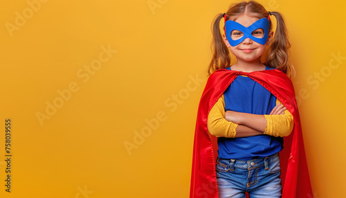 Cheerful Young Girl Wearing a Superhero Costume: Isolated on a Yellow Background