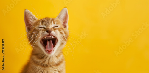 Happy funny excited kitty cat with long ears and wide open mouth against bright background, Easter holiday concept celebration with copy space