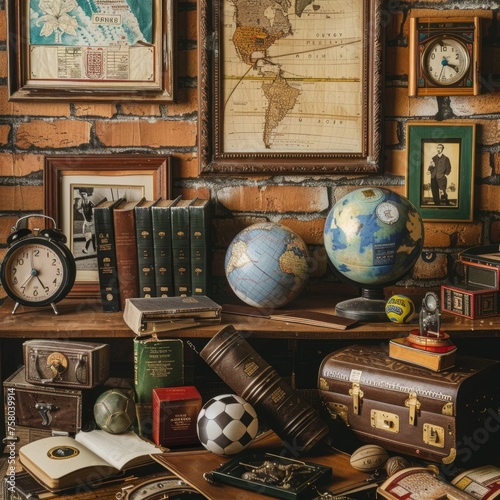 Vintage Collection of Books, Globes, Clocks, and Trinkets in a Nostalgic Setting