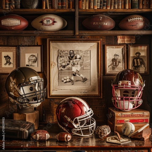 A Vintage Collection of Football Memorabilia Displayed on Shelves