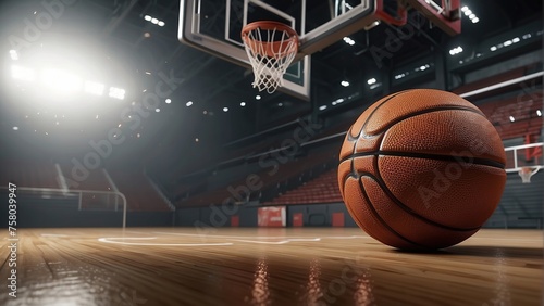 Basketball on an empty court in daylight.