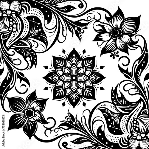 Black and white floral pattern with flowers and leaves. Vector illustration.