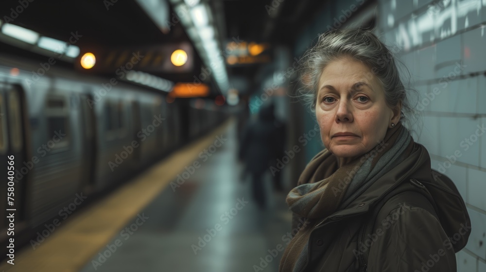 A woman stands confidently in front of a subway train, waiting for its arrival at the station.