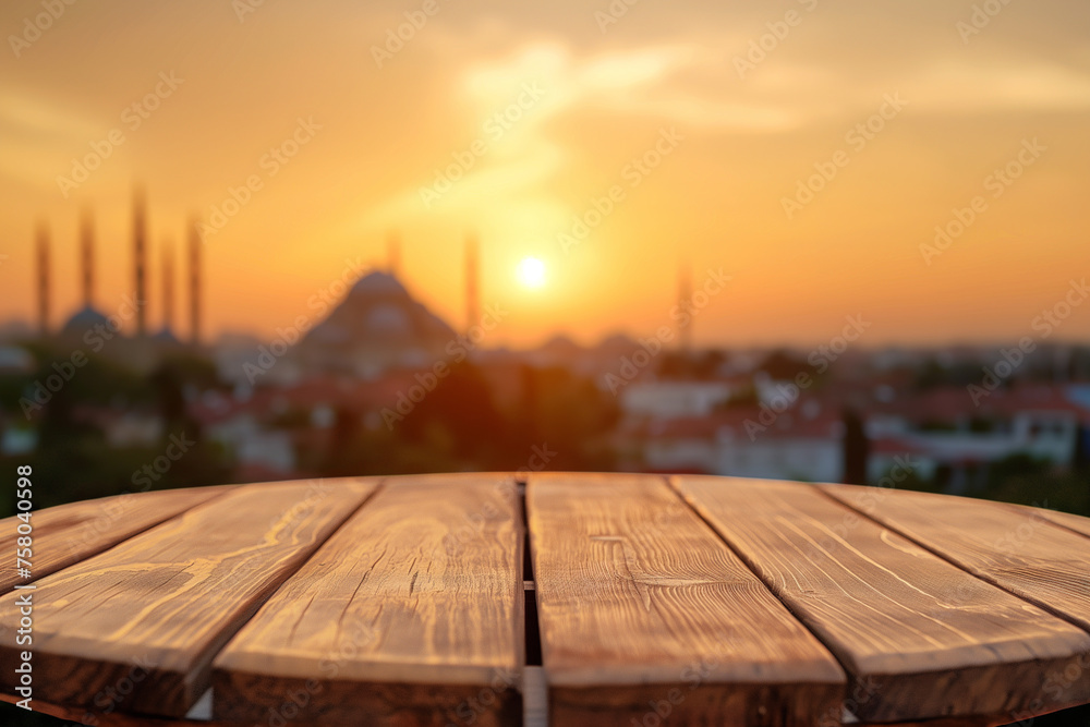 Empty wooden table and blurred mosque background