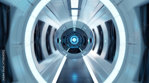 Futuristic Sci-Fi Corridor Featuring a Glowing Time Machine Portal in a High-Tech Space Capsule