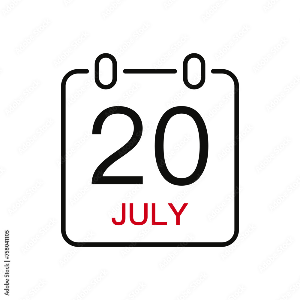 July 20 date on the calendar, vector line stroke icon for user interface. Calendar with date, vector illustration. July 20 date on the calendar, vector line stroke icon for user interface. Calendar with date, vector illustration.