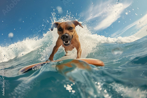 Beach Day Bliss: Dog Enjoying Summer Fun with Surfboard Play by the Ocean © Wachira