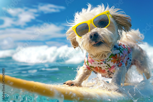 Experience the joy of summer with a playful dog enjoying surfboard fun by the sea © Wachira