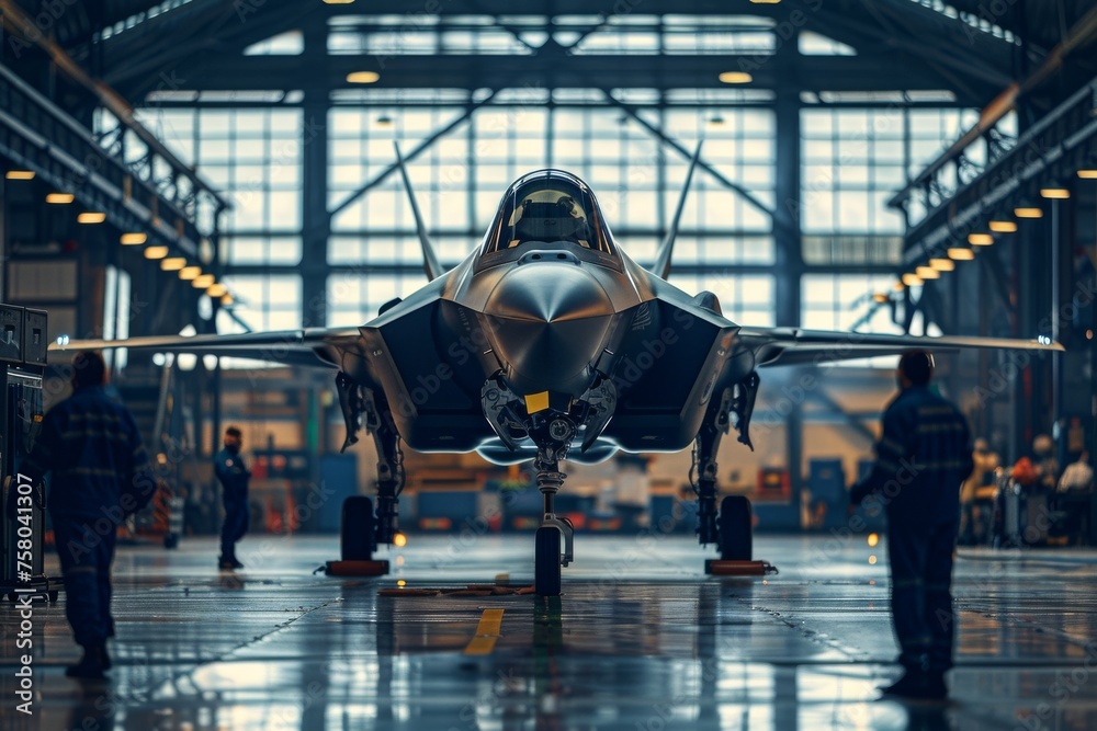 Focused technicians aligning advanced jet weaponry in a hangar Focused technicians aligning advanced jet weaponry in a hangar