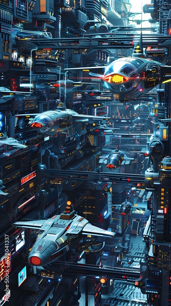 Futuristic Space Station Marketplace: A Vibrant and Dynamic Cityscape of Advanced Gadgets, Spaceships, and Neon Lights in High-Detail Digital Art