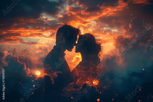 The silhouettes of a romantic couple blend with a spectacular fiery sunset, evoking love and passion