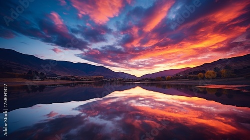Tranquil mountain landscape with colorful sunset sky reflecting in peaceful lake