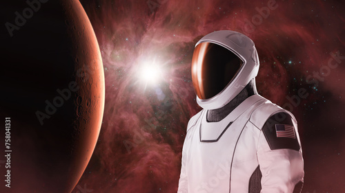 Fototapeta Naklejka Na Ścianę i Meble -  Spaceman with Mars planet in outer space. Exploration theme. Elements of this image furnished by NASA.