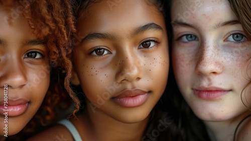 Diverse Trio of Young Girls Sharing an Intimate Moment of Friendship