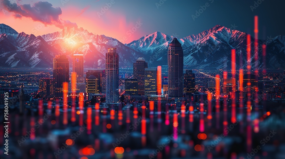 Skyline of Salt Lake City downtown in Utah with Wasatch Range Mountains in the background. Economical stock market graph - obrazy, fototapety, plakaty 