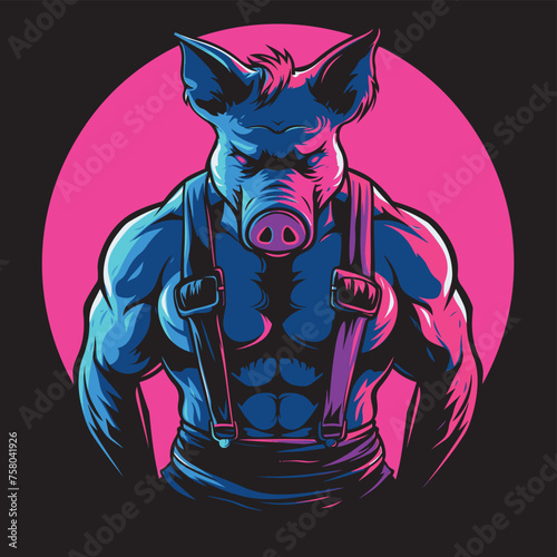 Club pumped male pig in leather suspenders. Circular graphic symbol (vector)