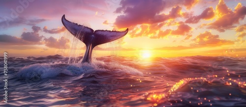 Seascape with whale tail dripping with water on the surface of the sea or ocean, banner with copy space © Sunny