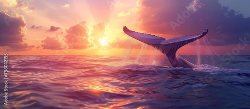 Seascape with whale tail dripping with water on the surface of the sea or ocean, banner with copy space © Sunny