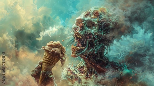 A zombie feasting on a melting ice cream cone