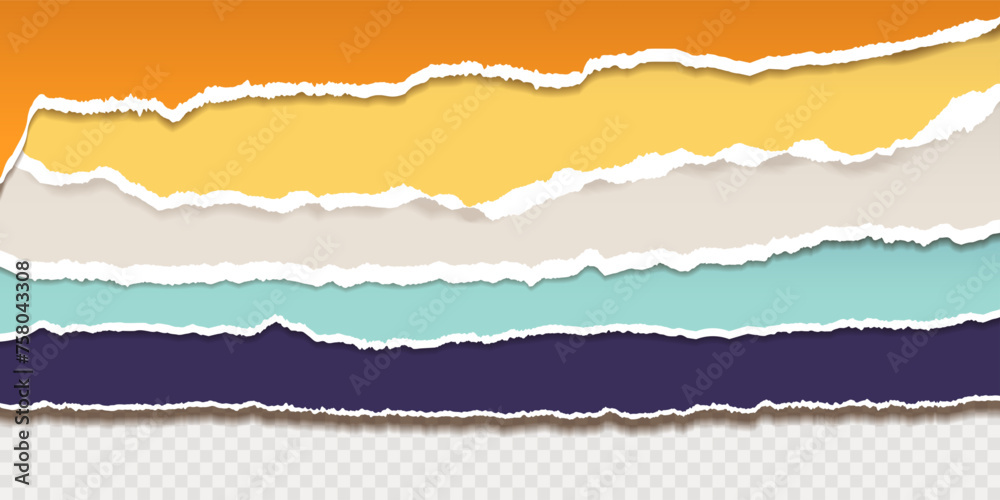 Fototapeta premium Set of colorful vector torn paper sheets. Jagged papers with soft shadows isolated on transparent backdrop