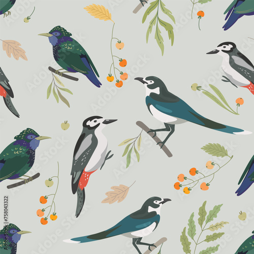 Seamless pattern with forest birds  leaves  berry