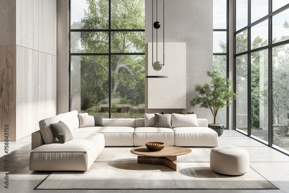 Minimalist living space with sleek modern furniture neutral colors and large windows offering abundant natural light