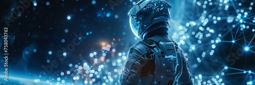 Space suit clad tourists observing nanomedicine development aerial drones navigating a cosmic web backdrop of cyber warfare and quantum cryptography photo
