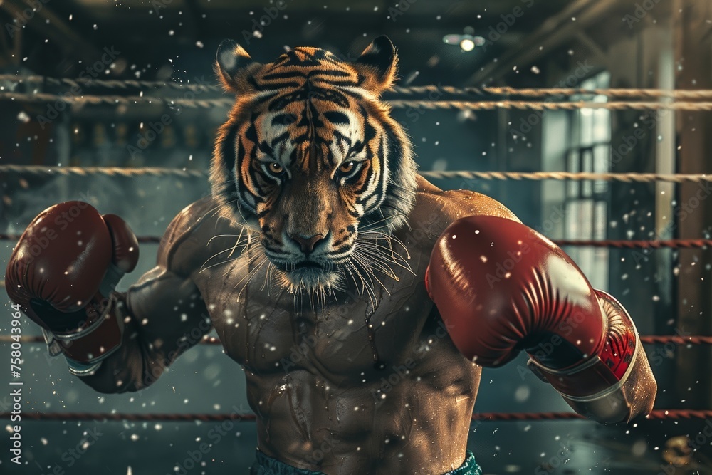 A gritty gym atmosphere featuring a tiger in boxer attire, with gloves and a sweatband, pushing limits in a rigorous training session