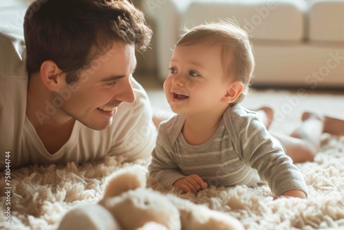 Young dad enjoying playtime with his gleeful son on a fluffy carpet.