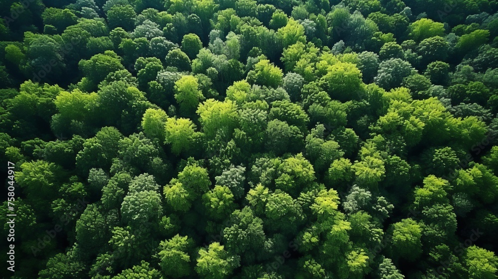Lush forest drone view capturing co2 for carbon neutrality and net zero emissions