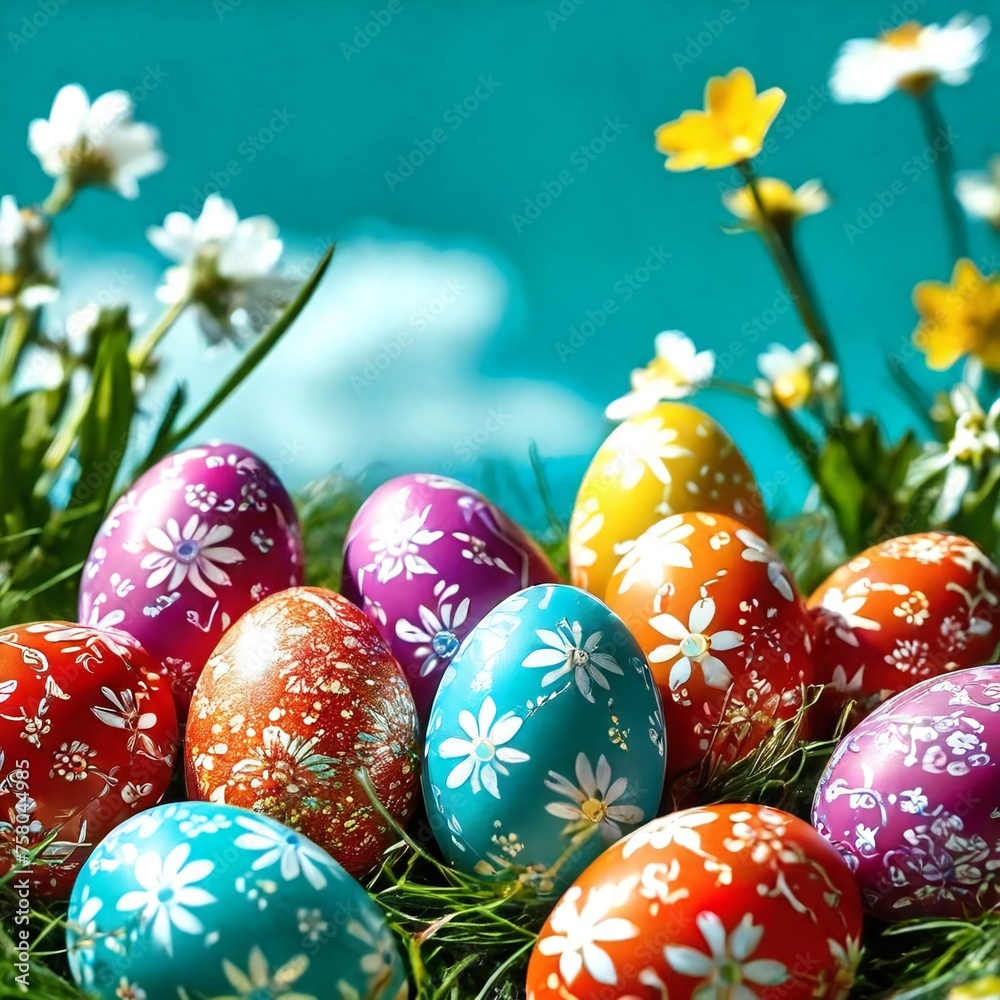 Easter eggs in the grass nest sky blue background nature image illustration design Generative Ai.