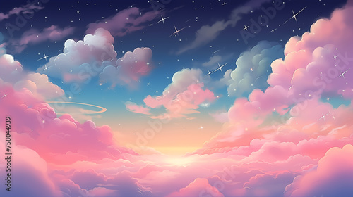Pink blue Putple Dreamy Celestial Sky: Stars and Clouds Painting in Golden Hour photo